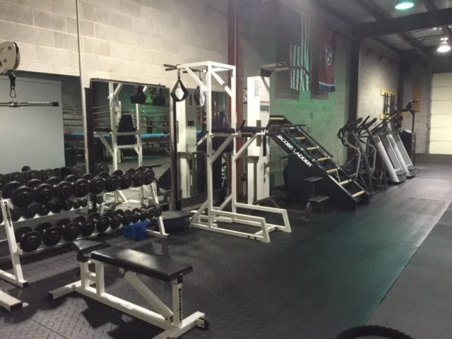 Dumbbell racks, benches and machines on the training floor.